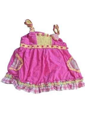 Baby Headquarters Pink & Yellow Smocked Eyelet Ruffle Dress Size 18mos